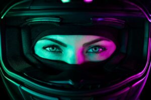 Eyes of a young woman through an helmet