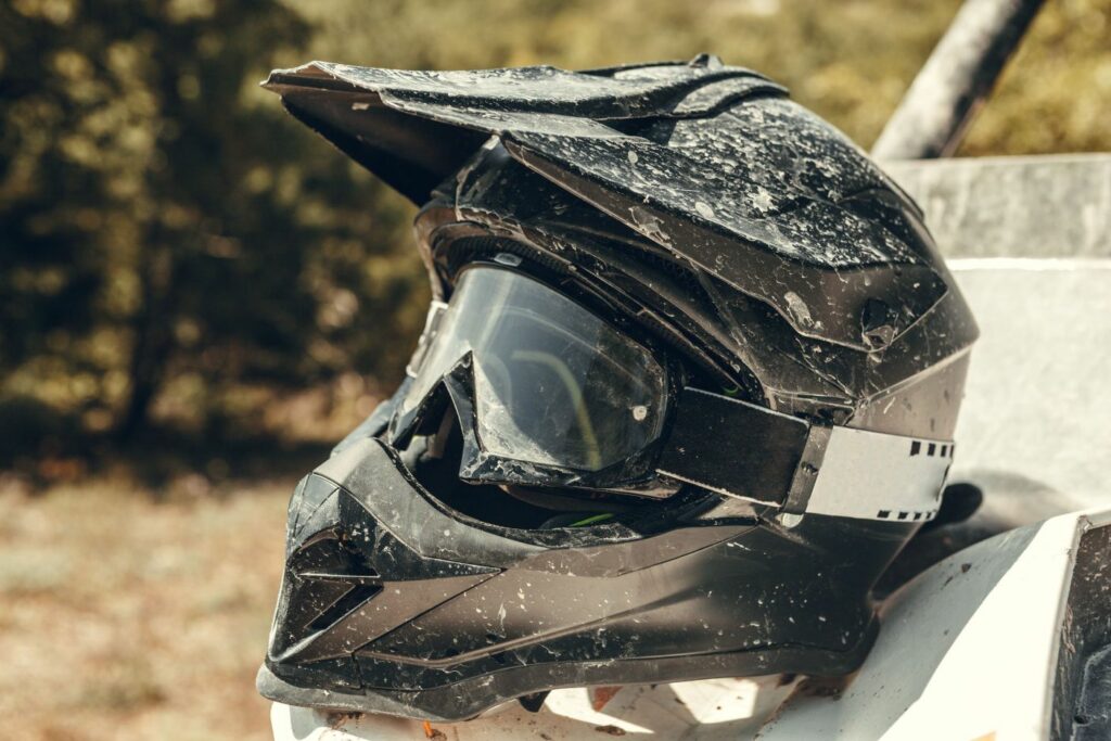 Dirty motorcycle helmet that need to be cleaned